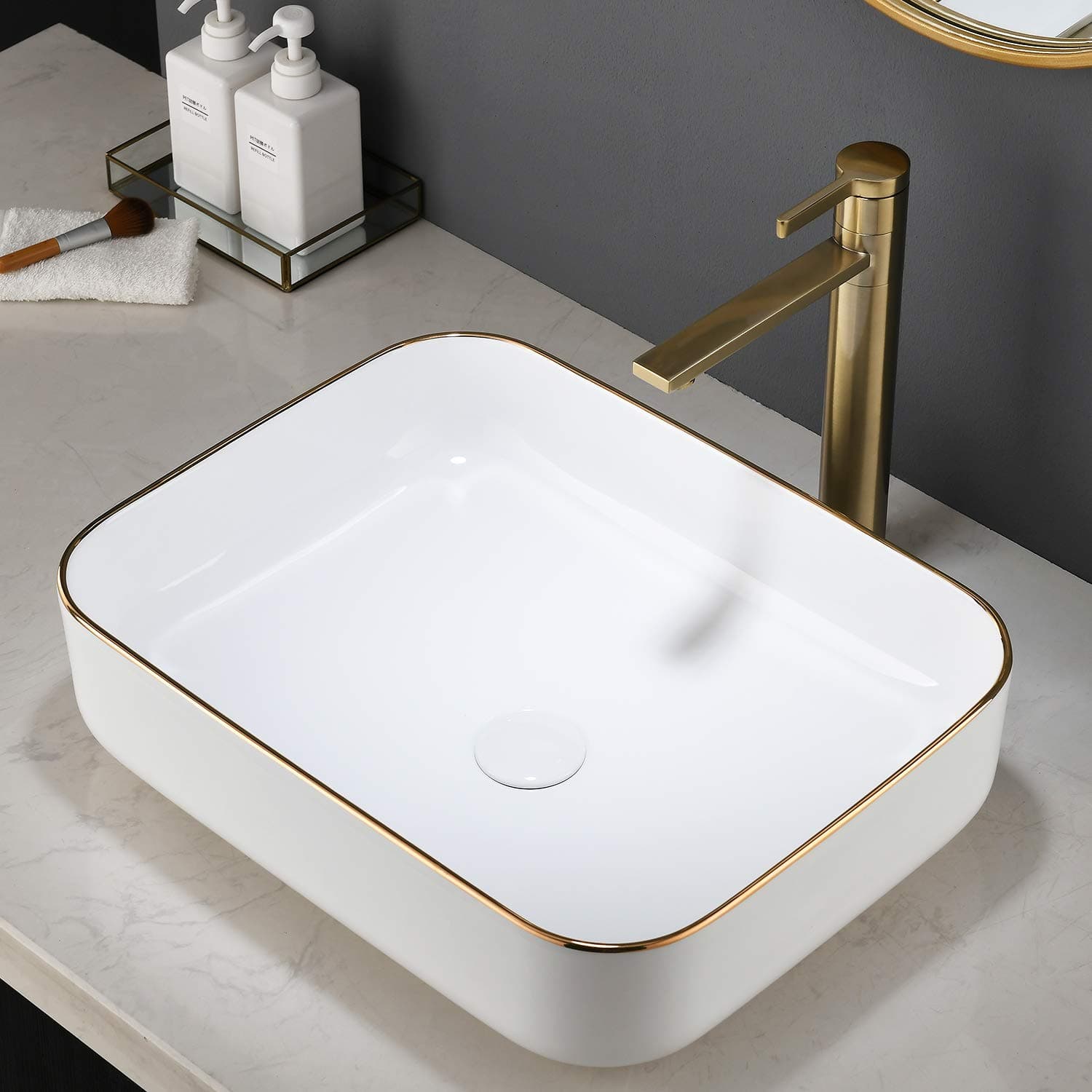 Ufaucet Modern White Rectangular Above Counter Countertop Porcelain Ceramic Bathroom Vessel Vanity Sink with Golden Rim