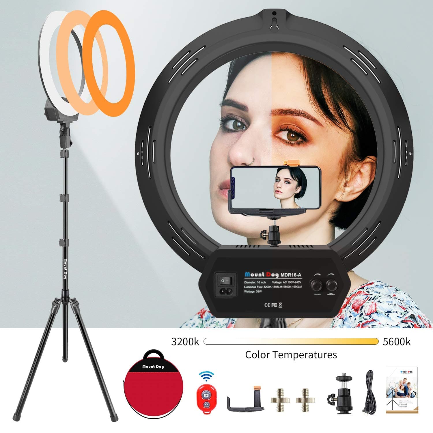 MOUNTDOG 16" Ring Light Kit Led Wireless Remote with Adjustable Light Stand Phone Holder Carrying Bag for Streaming, Makeup, Selfie Photography