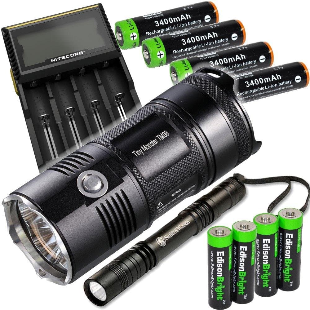 Nitecore TM06 3800 Lumen CREE LED Tiny Monster Flashlight/Searchlight, Nitecore D4 smart charger, 4 X Edisonbright EBR34 18650 3400mAh Li-ion batteries, Smith & Wesson Pathmarker LED flashlight, with 4 x EdisonBright AA Alkaline batteries bundle