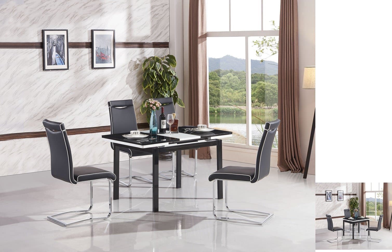 7Star Black Extending Husty Dining Table with 6 Chairs, MDF with Glass Top Metal Frame Table and 4 Faux Leather Dining Chairs with Chrome Frame. Available in Black & White (With 6 Chairs, Black)
