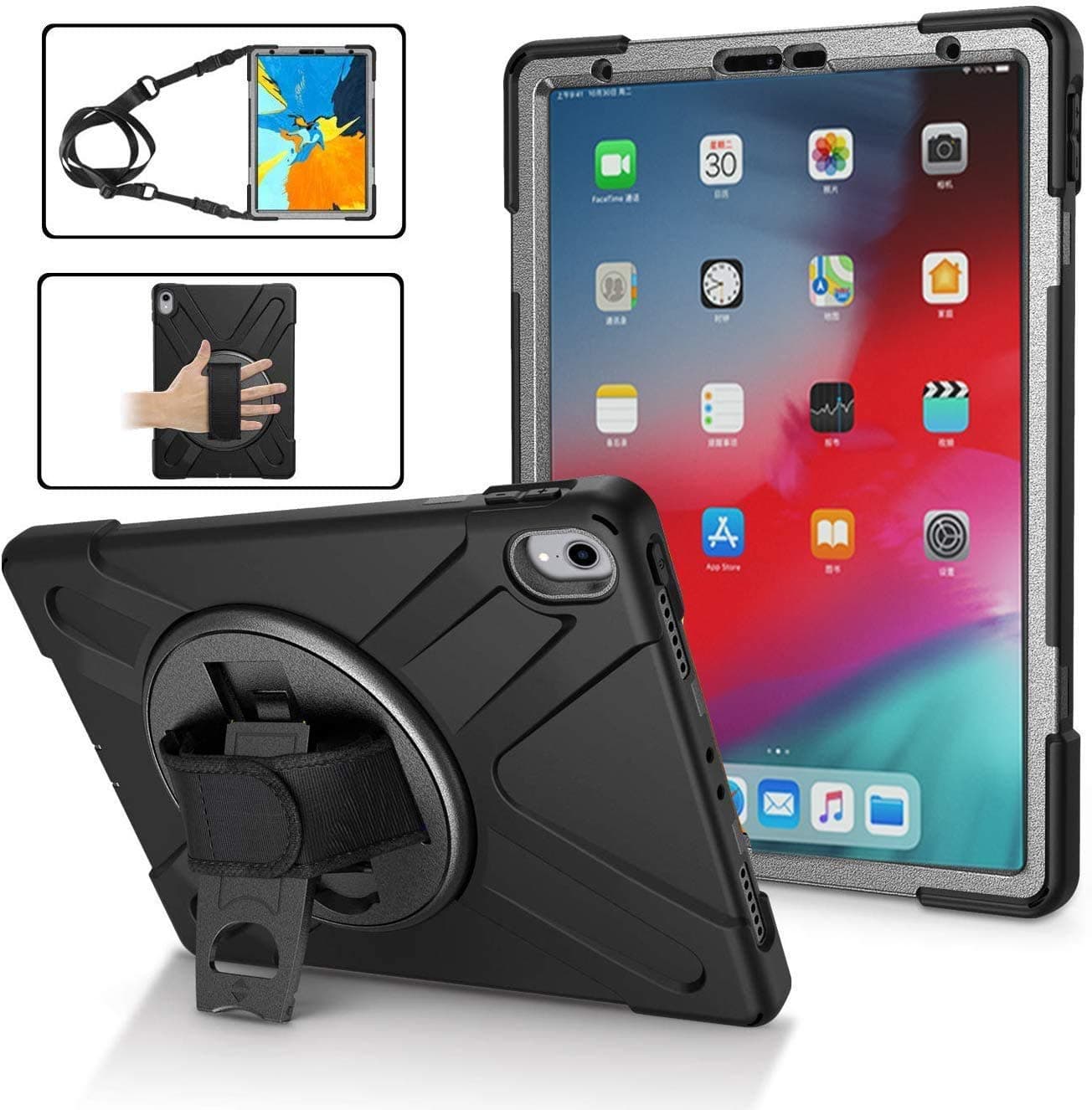iPad Pro 11 Case 2018 with Strap | TSQ iPad 11 Pro Case Heavy Duty Rugged | Protective Shockproof Durable Case w/ Stand Hand Strap, Handle, Shoulder Strap for iPad Pro 11 inch Case Cover 2018 | Black