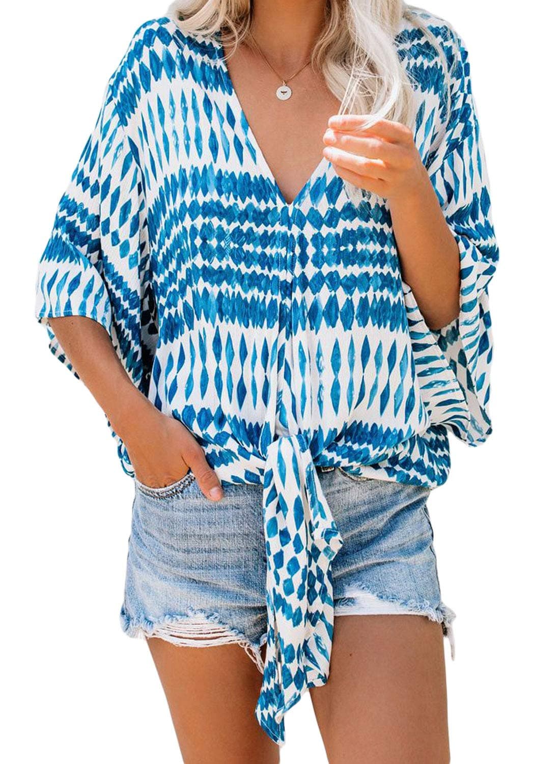 Womens Fashion Deep V-Neck Button Down Flutter 3/4 Sleeve Front Tie Tops