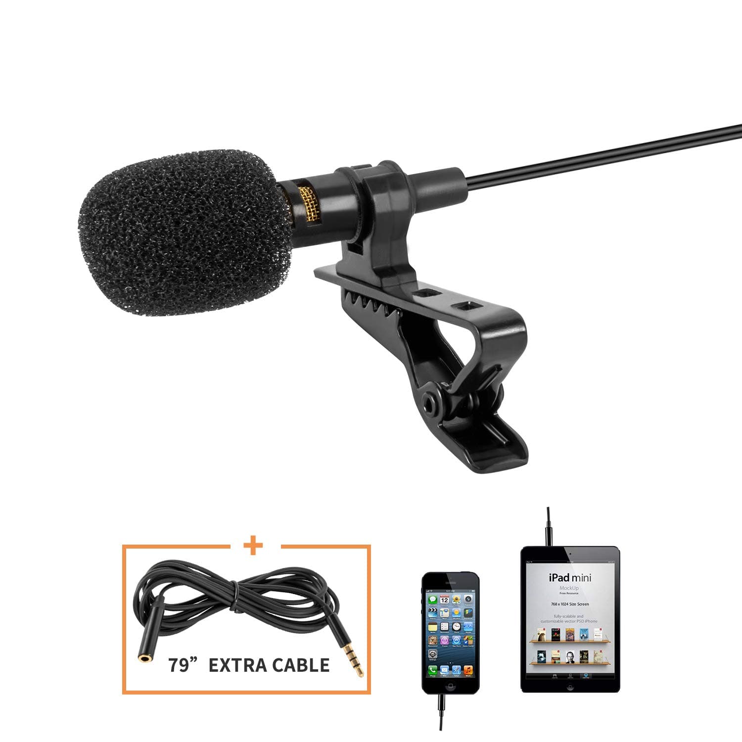 Professional Lavalier Lapel Microphone 3.5mm for iPhone Android, Omnidirectional Mic with Easy Clip On System and 79” Extension Cord, Recording Mic for YouTube, Interview, Conversations, Podcast