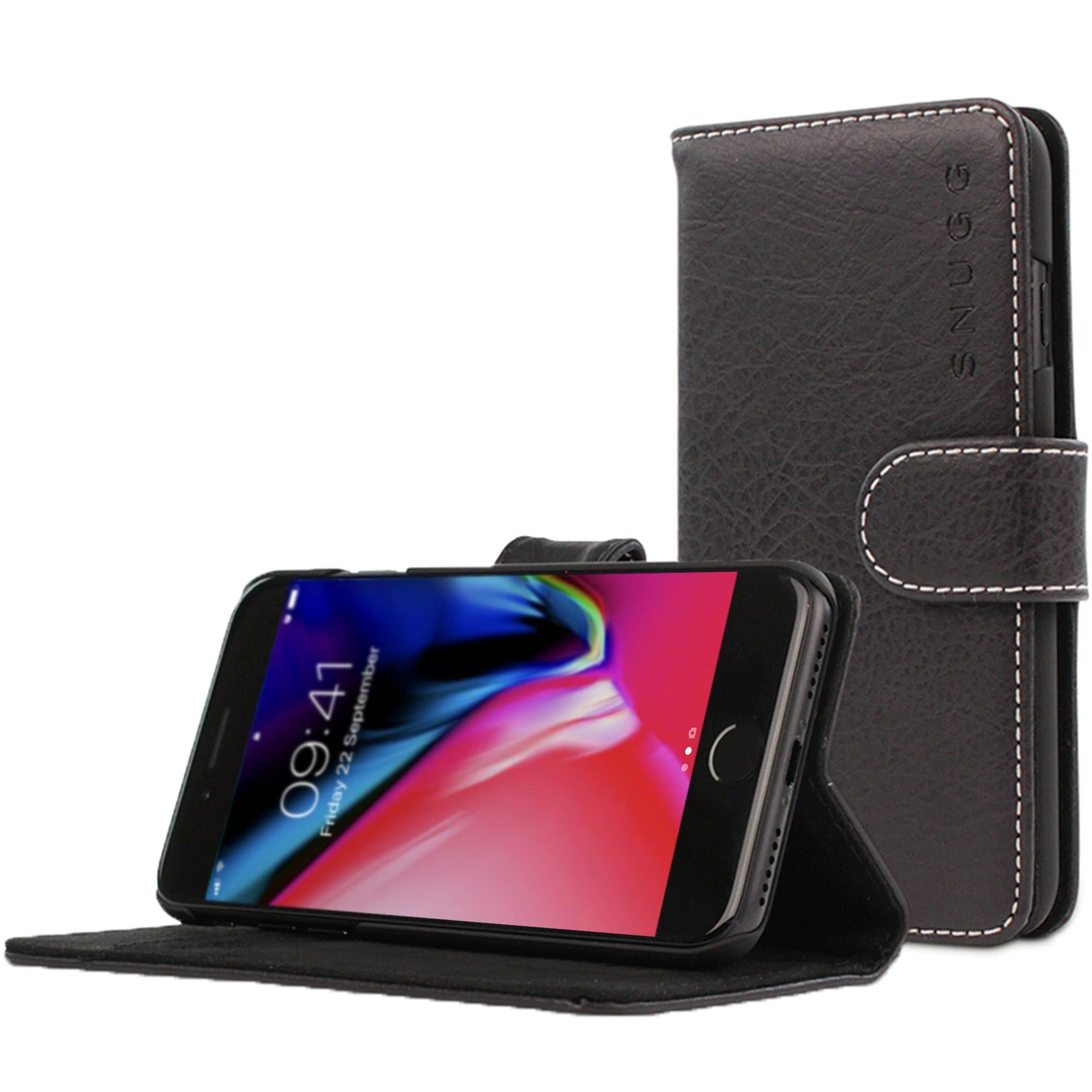 Snugg iPhone SE (2020) / 8/7 Wallet Case – Leather Card Case Wallet with Handy Stand Feature – Legacy Series Flip Phone Case Cover in Blackest Black