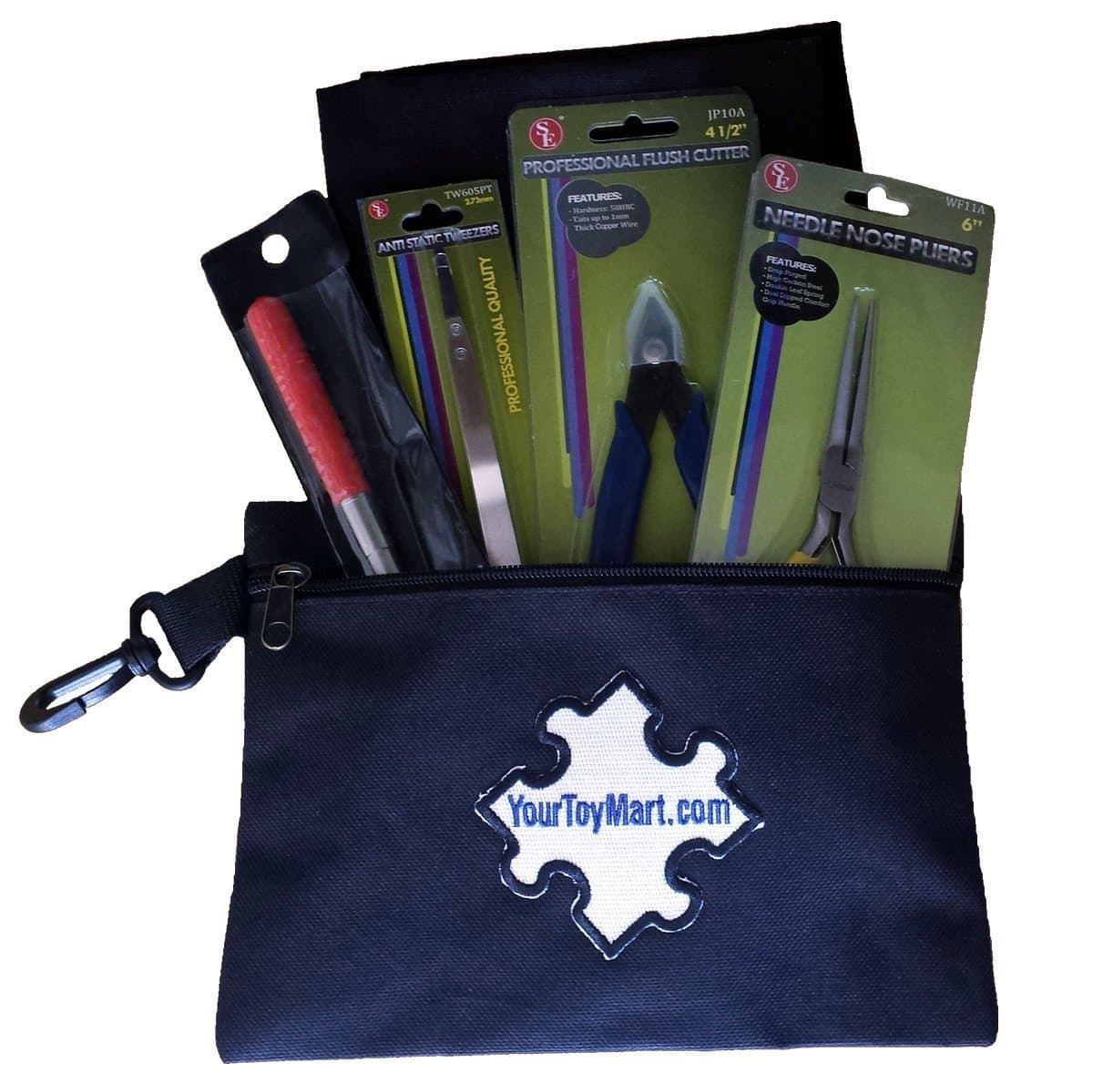 SOJ 3D Model Building Tool Kit Includes Pliers, Flush Cutter, Tweezers, Mandrel, Building Surface and Black Carry Pouch Bag