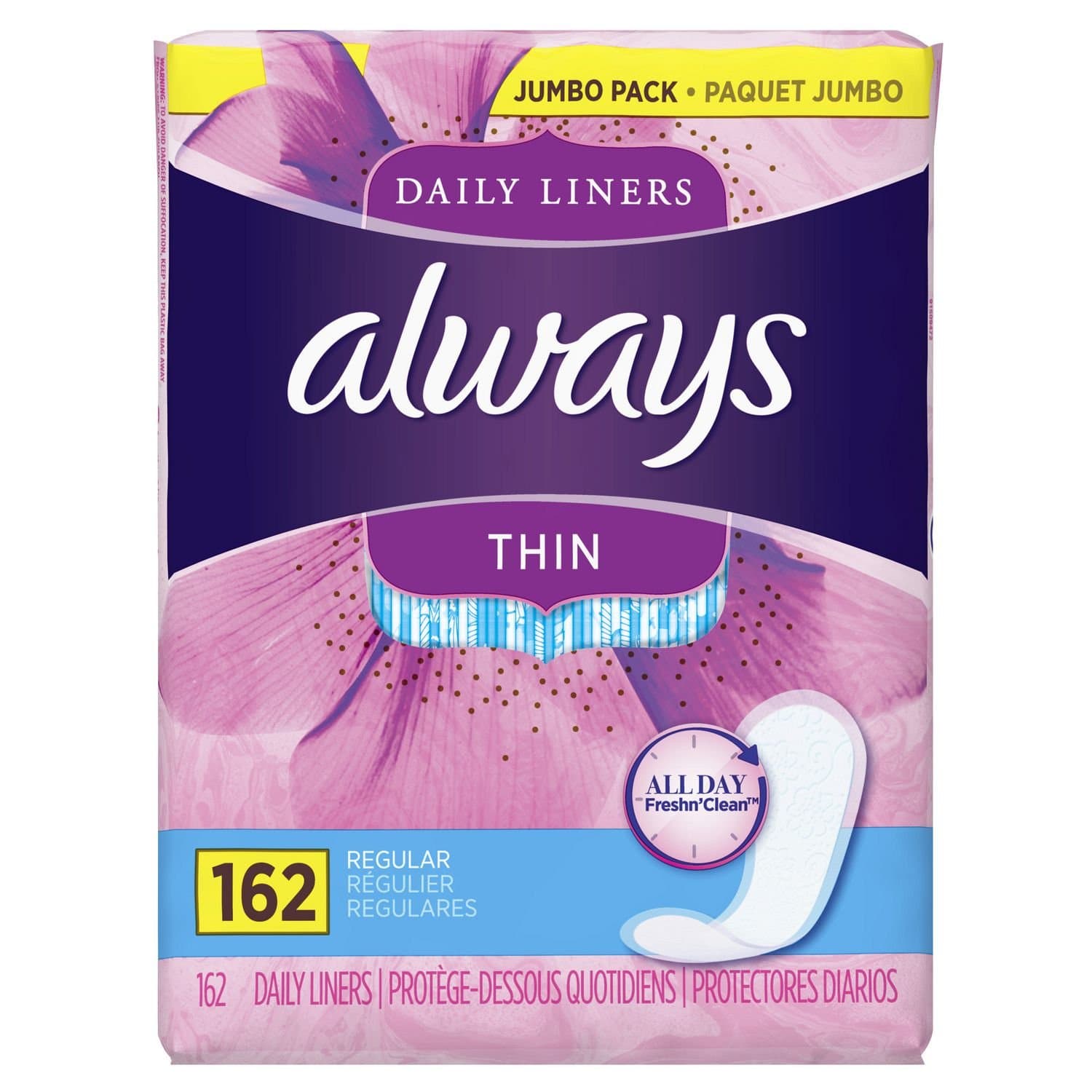 Always Thin Unscented Daily Liners, Wrapped, Regular Absorbency, 162 Count