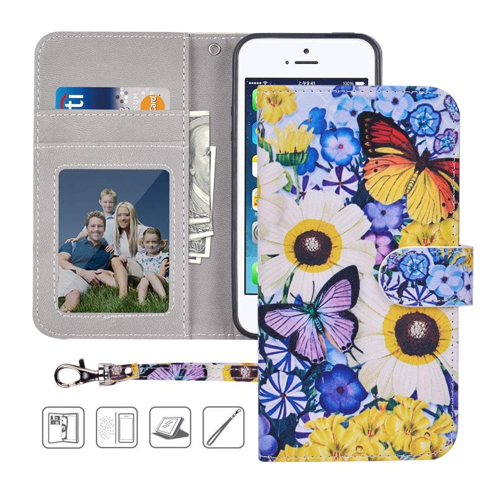iPhone SE / 5S / 5 Wallet Case,MagicSky iPhone SE/5S/5 Case Premium PU Leather Flip Folio Case Cover with Wrist Strap,Card Holder,Cash Pocket,Kickstand for Apple iPhone 5S/5/SE,Butterfly Over Flowers