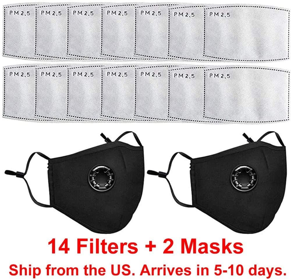 14 Pcs PM2.5 Activated Carbon Filter for Breathing Insert Protective mask Anti Pollution Washable Cotton for Women Men Outdoor Sports Cycling Camping Travel (2 Masks（Black)+14Filters)