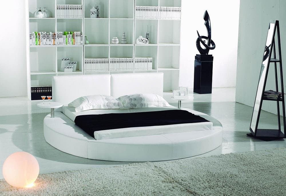 Modern Round Bed with White Leather Headboard (King)