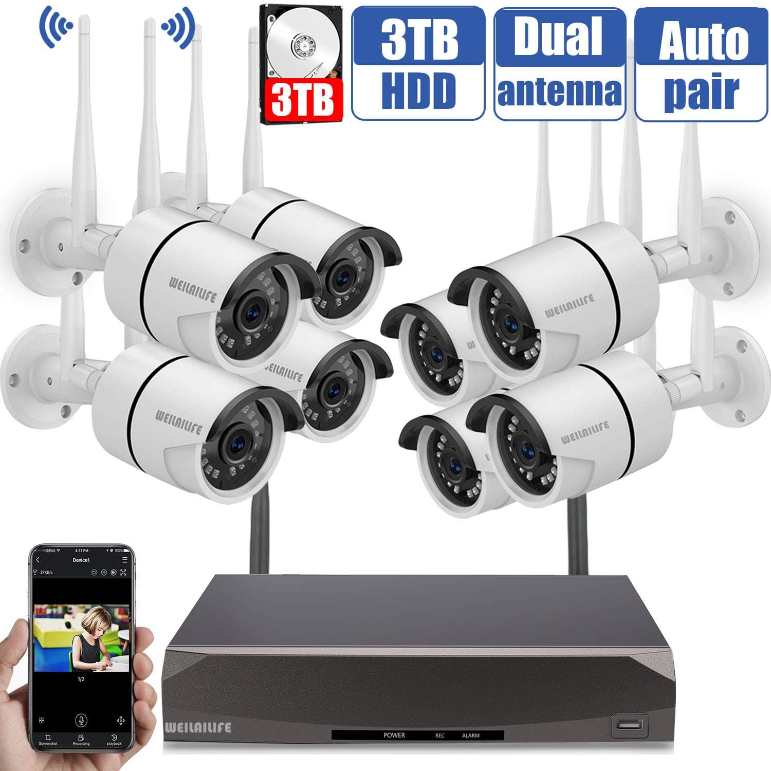 Security Camera System Wireless,8 Channel Home Outdoor Wireless Surveillance Camera System and 8Pcs 960P WiFi Security Weatherproof IP Camera with Night Vision,Remote View,3TB Hard Drive