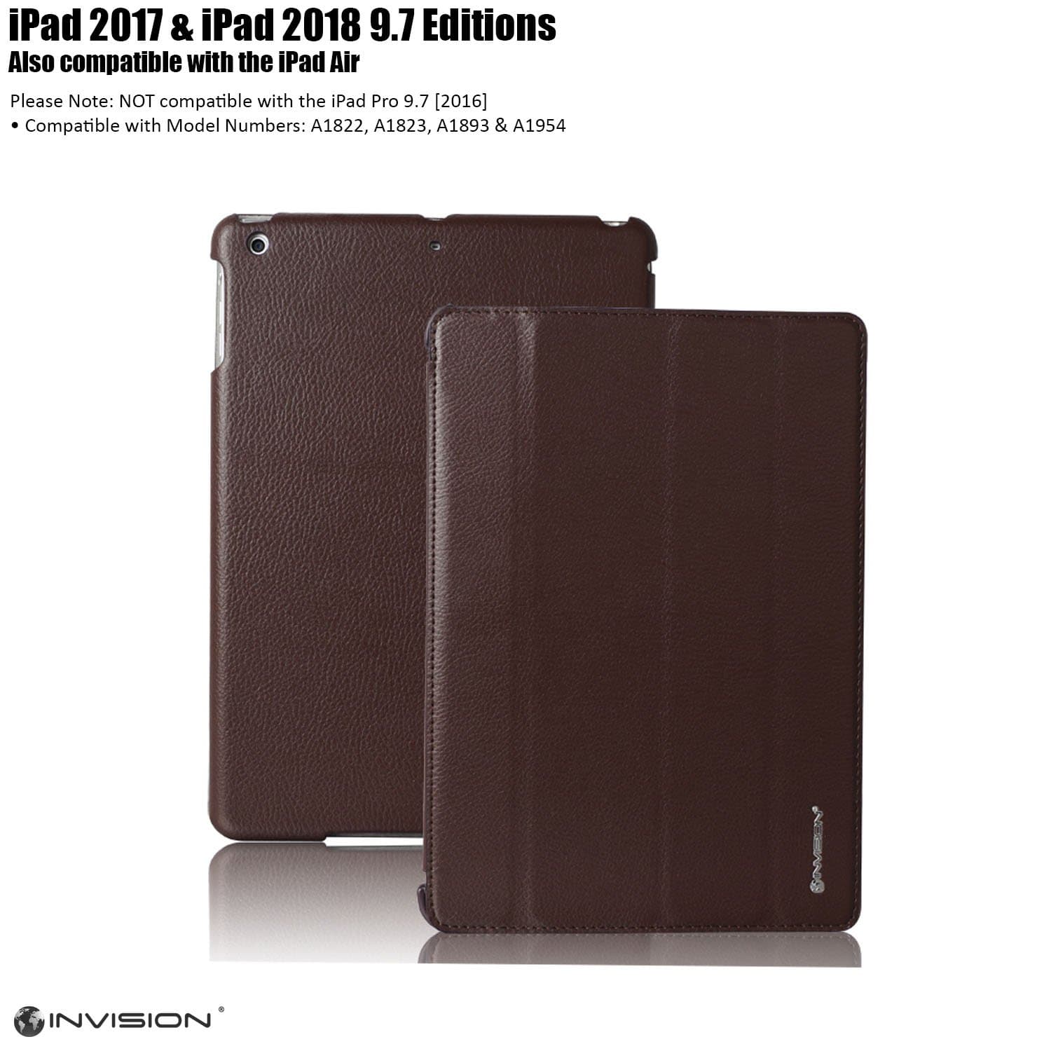 Invision iPad Case 9.7 inch 2018/2017 Protective Smart Cover with Triple-layer Protection & Reinforced Impact Zones – Quality PU Leather Finish & Microfibre Inner - Auto Sleep/Wake Function Brown