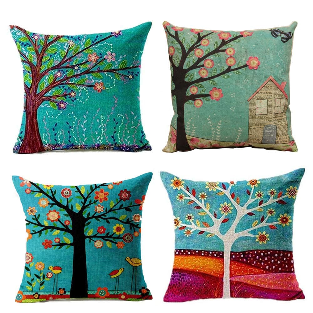 Polyester Linen Throw Pillow Case Cushion Covers - Decorative Tree Of Life 18 x 18 inches Set Of 4 Pcs - Perfect For Home Office Couch Livingroom Sofa Bed