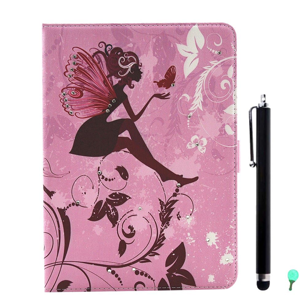 PU Leather Case for Samsung Galaxy Tab S2 9.7 SM-T810 SM-T815, Aohro Bling Glitter Beautiful Flowers Series Diamond Folio Flip Stand Cover + Stylus Pen + Dust Plug - Butterfly Flower Fairy