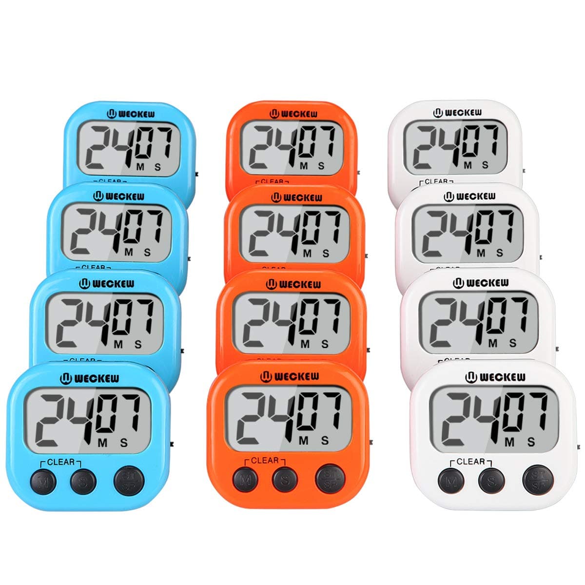WECKEW Digital Kitchen Timer, Cooking Timer, Large Display, Strong Magnet Back, Loud Alarm, Count up Countdown Timer for Kids Baking Exercise Game (12 Pack, 4White+4Orange+4Blue)