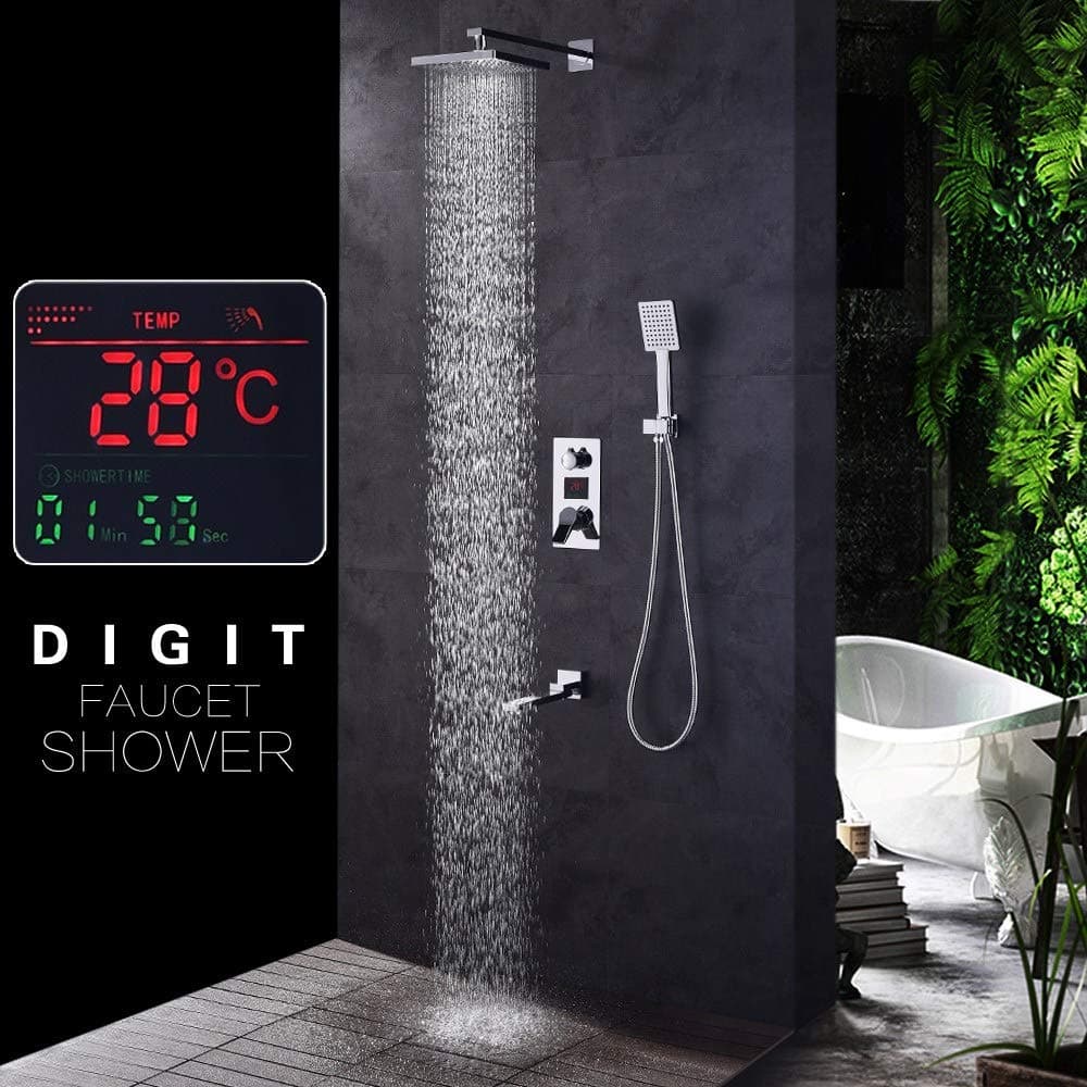 LightInTheBox Shower System Combo with Temperature Display Luxury Wall Mount Shower Faucet Set,8 inch Square Rainfall Shower Head with Handheld Shower Sprayer and Tub Spout Faucet