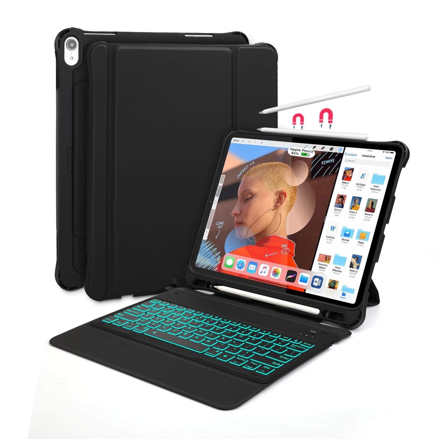 iPad Pro 12.9 Keyboard + Leather Case, Vivefox Wireless iPad Keyboard + Folio Smart Keyboard Case, with Pencil Holder, Auto Wake/Sleep Feature for Apple iPad Pro 12.9 inch (Backlight)