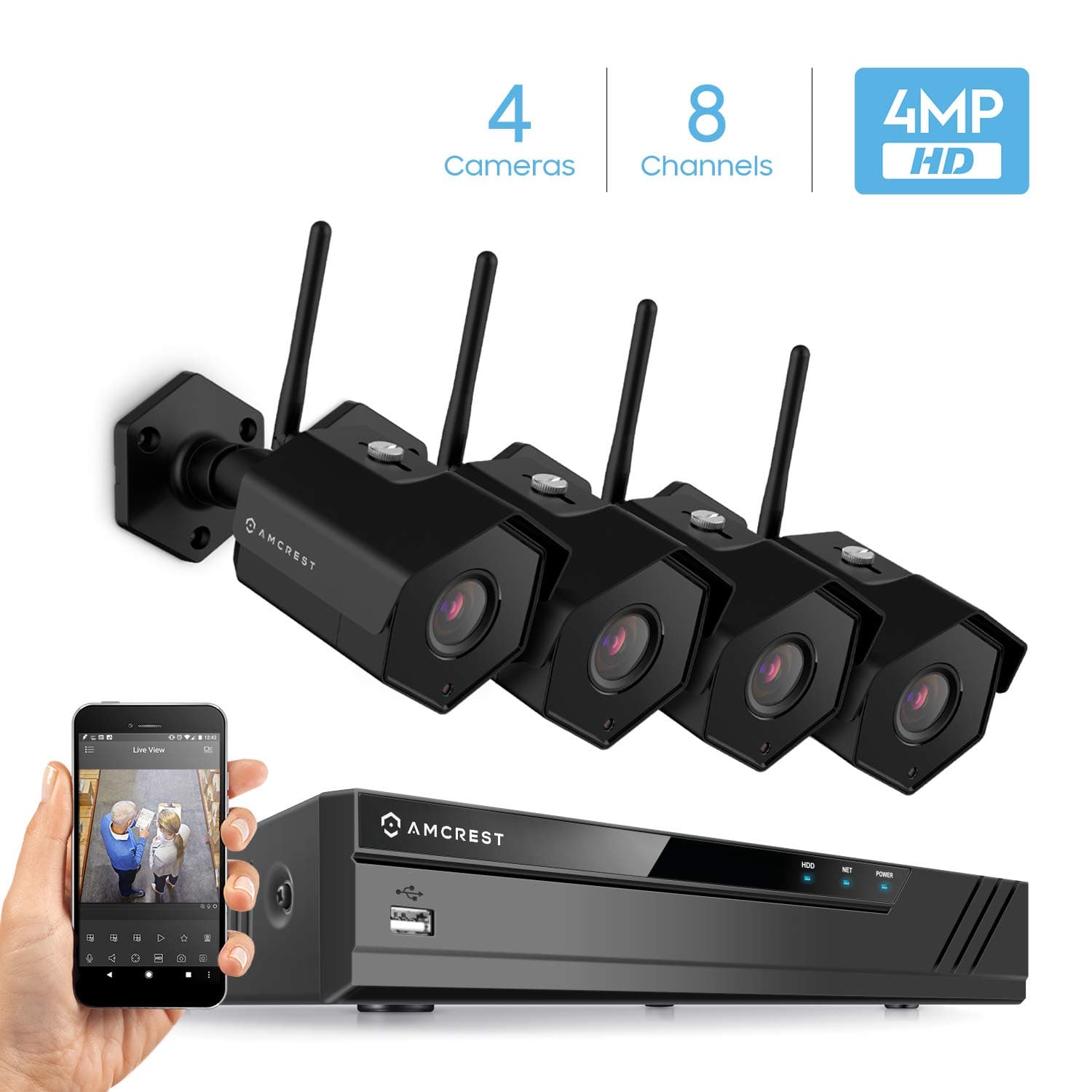 Amcrest 8CH 4MP Security Camera System, w/ 4K NVR, (4) x 4-Megapixel IP67 Weatherproof Bullet WiFi IP Cameras, 3.6mm Angle Lens, Hard Drive Not Included, NV4108-HS-IP4M-1026B4 (Black)