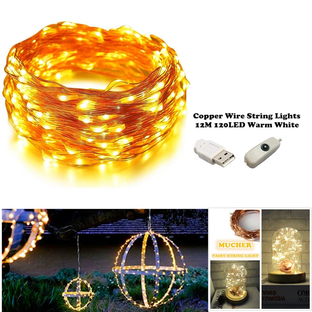 MUCHER String Lights Copper Wire Lights 12M 120 LED Bulbs Decorative Lighting for Christmas Holiday Party Wedding - Warm White