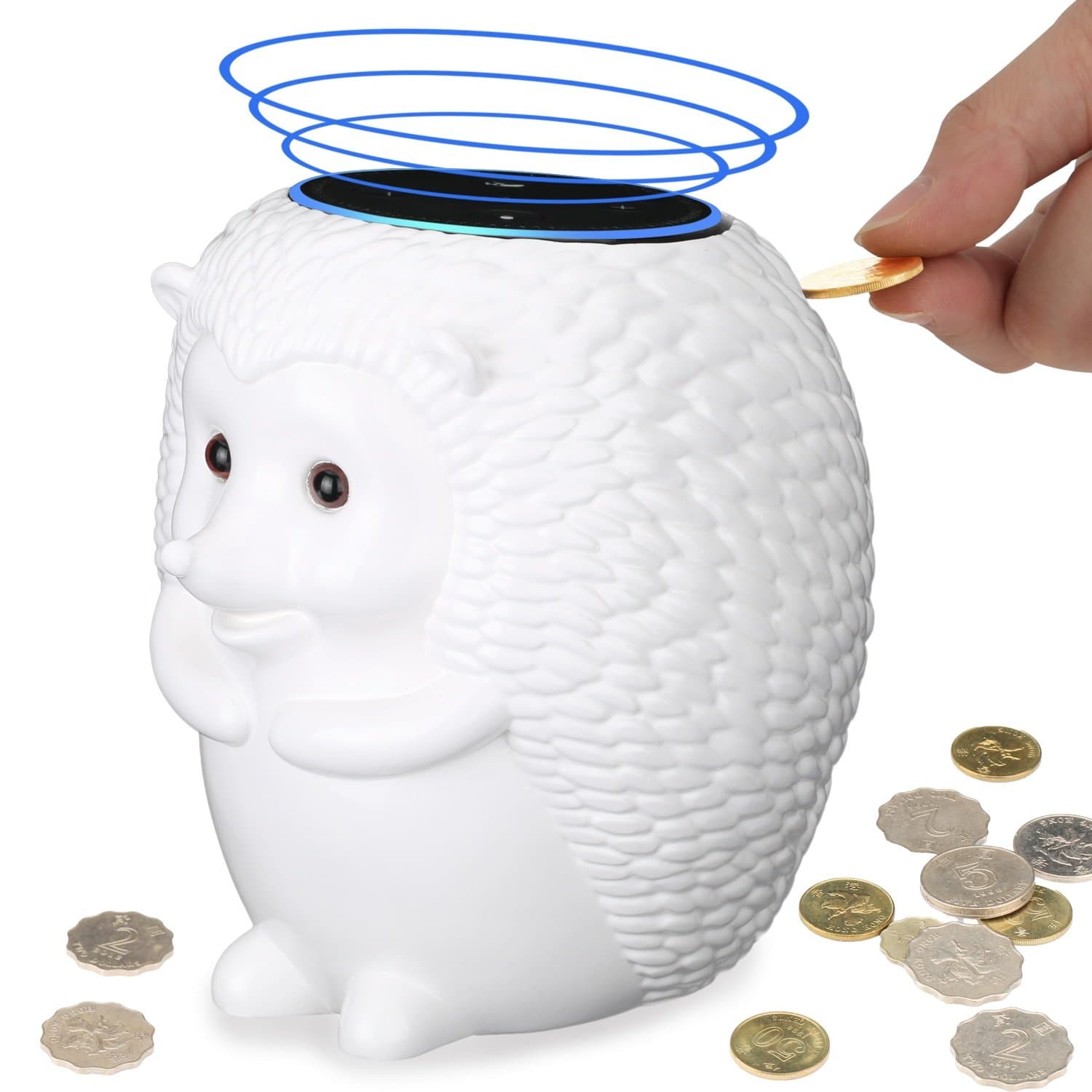 Echo Dot Station Stand with Hedgehog Savings Bank Function for Amazon Speaker,Crafted Hedgehog Statue Guard Station Stand Holder with Coin Collection,Hedgehog Money Box Echo Dot Stand, Echodot Holder (WHITE)
