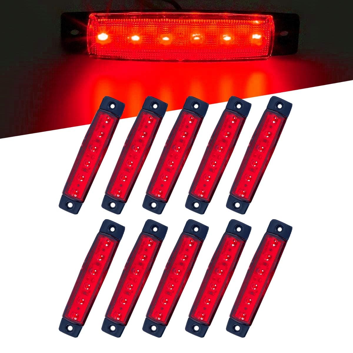 10Pcs Red 6 LED Side Marker Indicators,Rear Tail light,Underglow Kit, Wheel Well Lights Universal fits Trailer Truck Lorry HGV Bus Boat Rv Lorries Jeep Suv etc