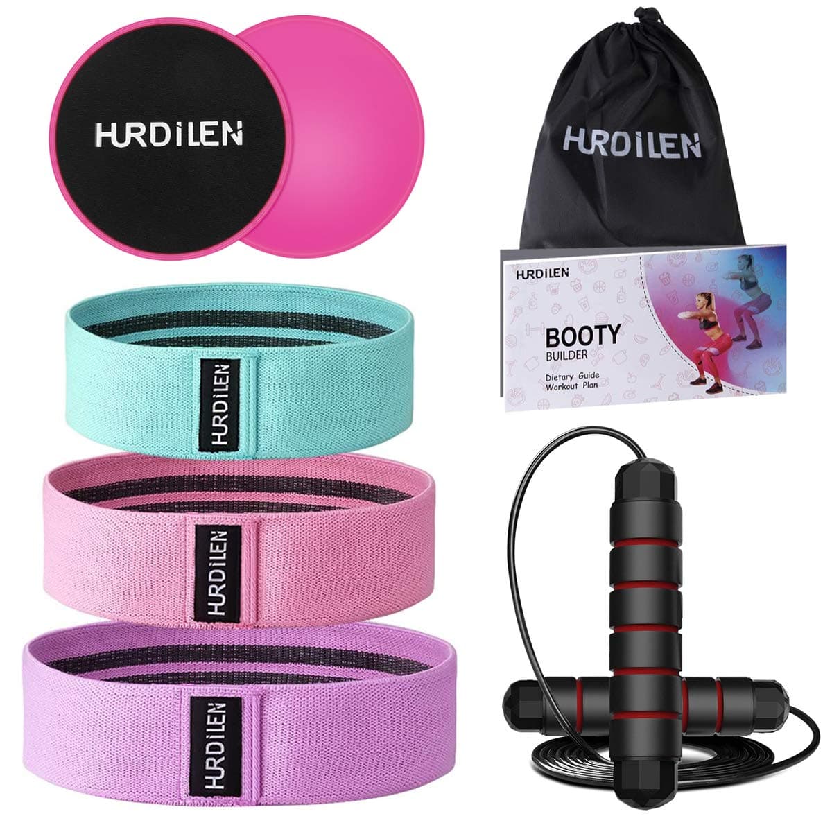 Hurdilen Resistance Loop Bands Set, [5 Pack] 3 Pcs High Elasticity Exercise Bands + 1 Pair of Core Sliders + 1 Speed Jump Rope, Ideal Sport Exercise Series with Portable Bag for Home Fitness Gym