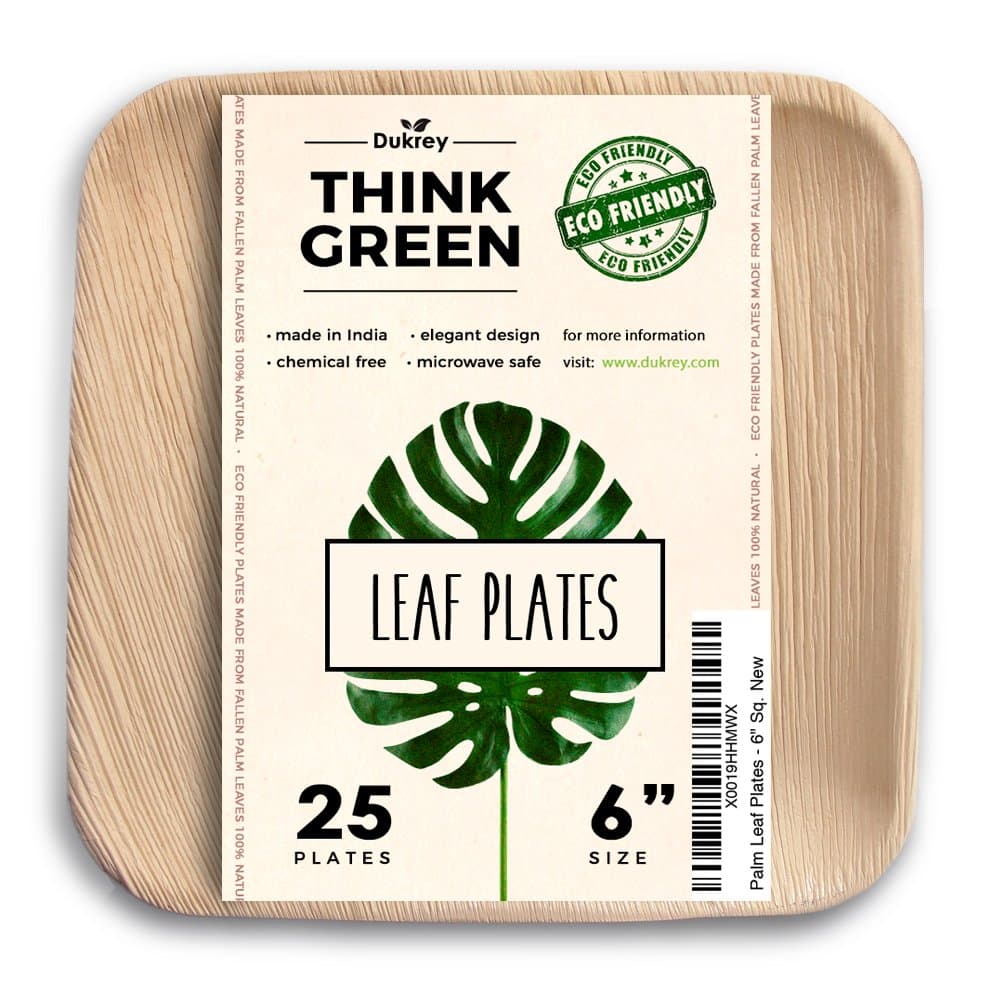 Dukrey Disposable Palm Leaf Plates, Square | Compostable + Biodegradable | 6 Inch, 25 Count
