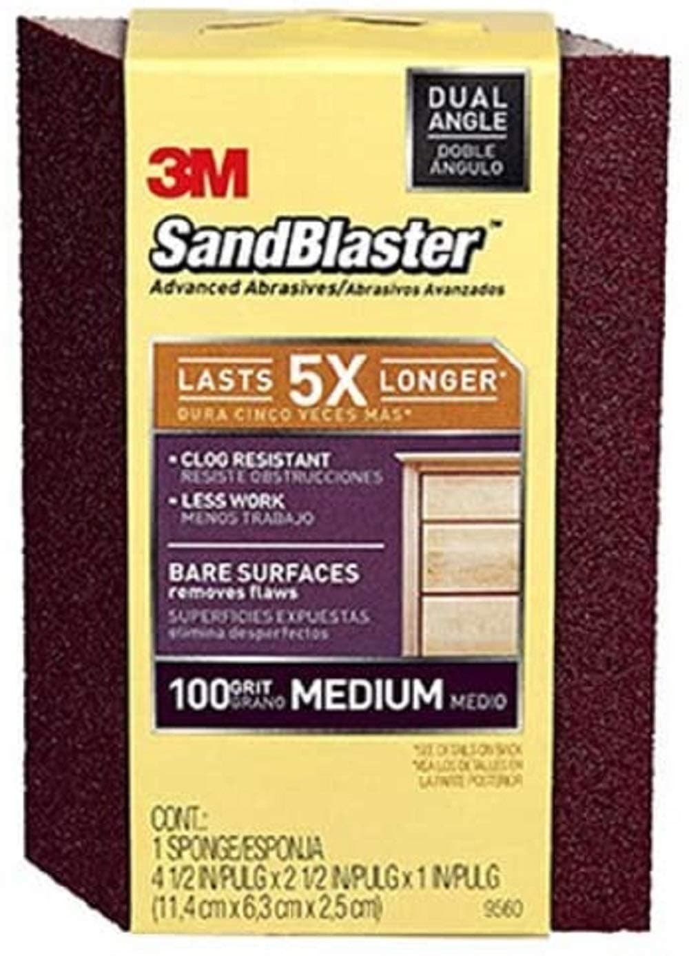 3M SandBlaster Dual Angle Bare Surfaces Sanding Sponge, 100 Grit, For Wet Or Dry Use, Professional-Grade Foam Keeps Its Shape For Lasting Use, Premium Mineral Grits For Effective Hand Sanding (9560)