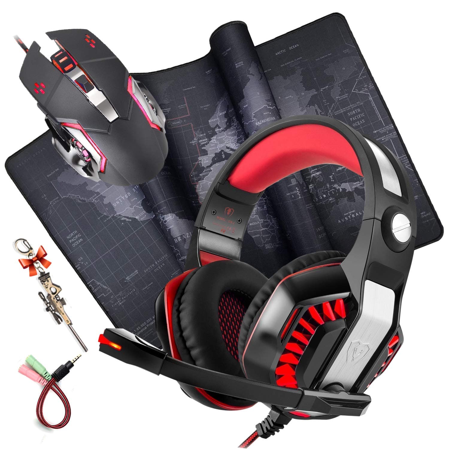 Headset Mouse with Mouse Pad Combo, Professional PC GM-2 Gaming Headphone with Mic，Silent Click Mechanical Gaming Mouse, Game Large Mouse Mat (23.6x11.8x0.8IN/60x30x0.2CM, Map)