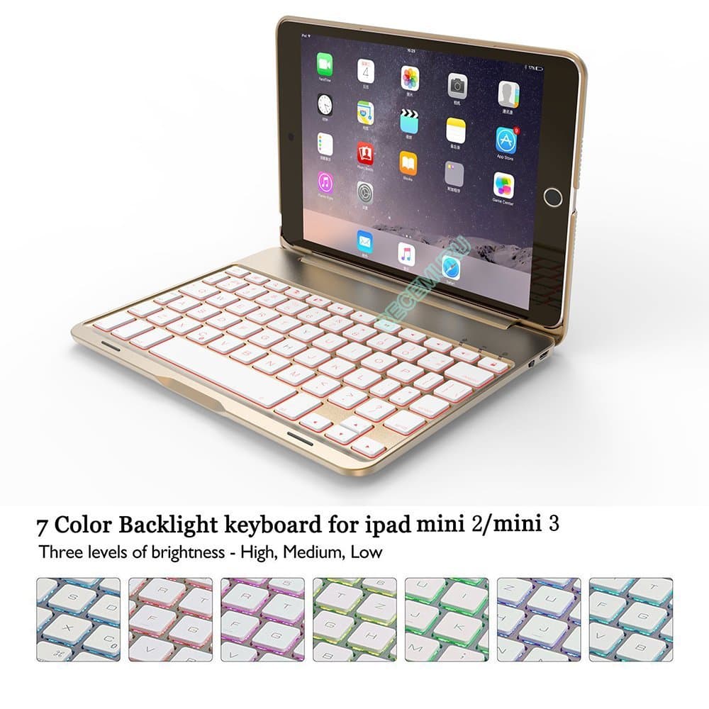 iPad Mini2/iPad Mini3 Keyboard Case BECEMURU 7-color Backlight Wireless Bluetooth Keyboard Muti-angle Stand Protective Clamshell Case for 7.9" iPad Mini2/iPad Mini3 (gold)