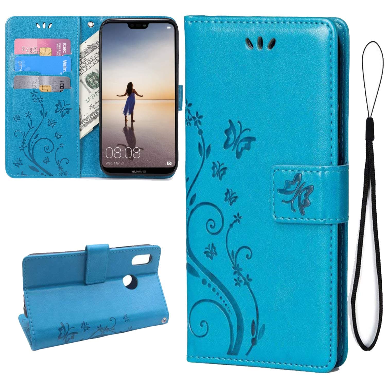 Teebo Wallet Case for Huawei P20 Lite/Nova 3e, PU Leather Stand Function with Magnetic Closure [Butterfly Flower] Card Slots Holder Pocket Flip Cover for Huawei P20 Lite/Nova 3e(Blue)
