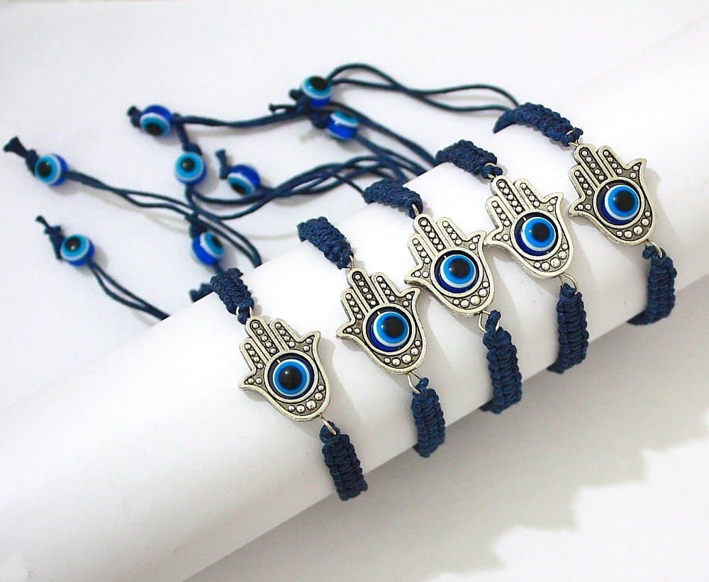 5 -"Lucky HAMSA Bracelets with Dark Blue String and Rotating Lucky Eye Hamsa Hand - Evil Eye Amulet Pendant Jewelry for Success and Protection
