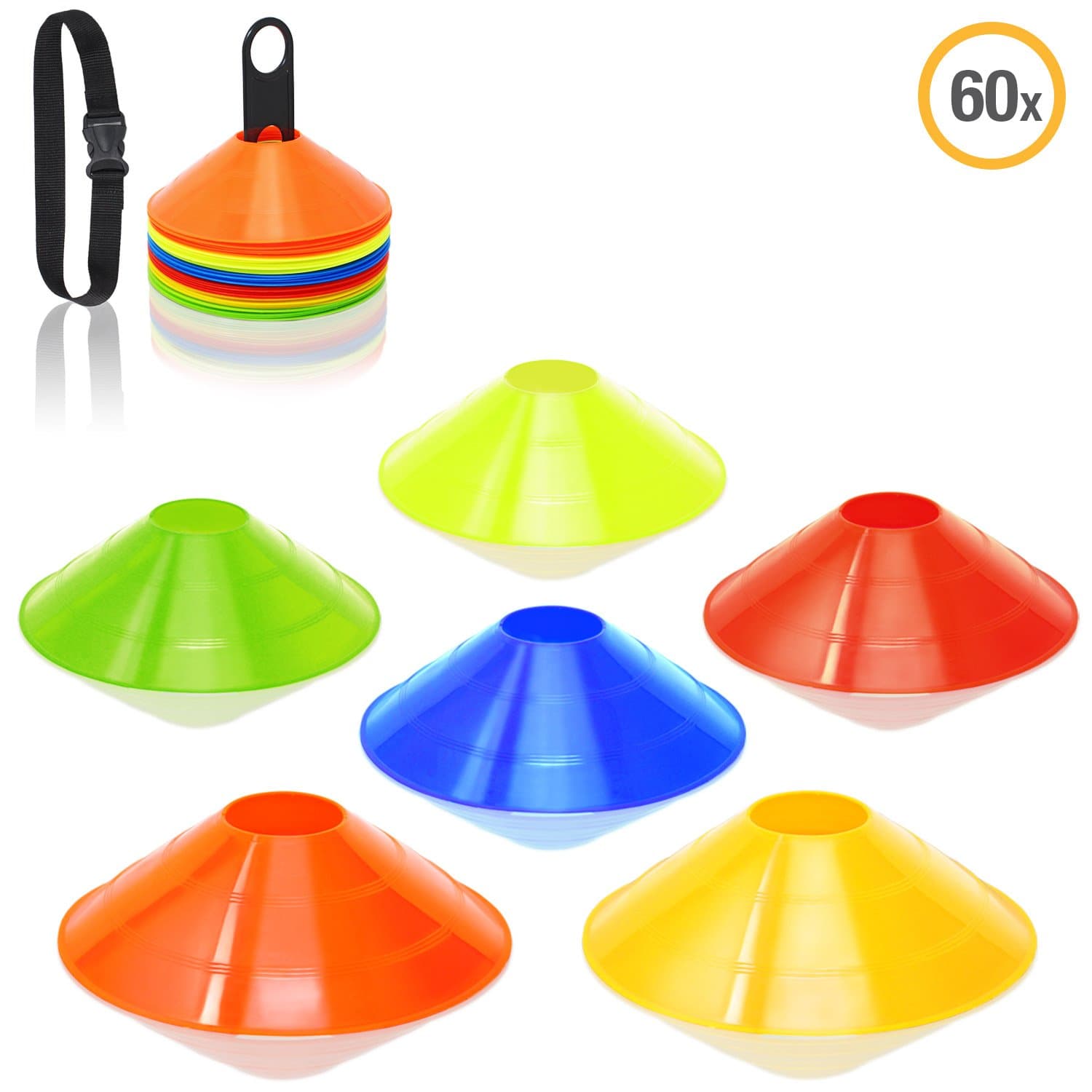 High Pulse 60 Count Durable, Long-lasting, High Intensity Colored Agility Cones perfect for Soccer, Football, Track and Field Hockey Training | Carrying Strap and Stand Included by Multi-Colored