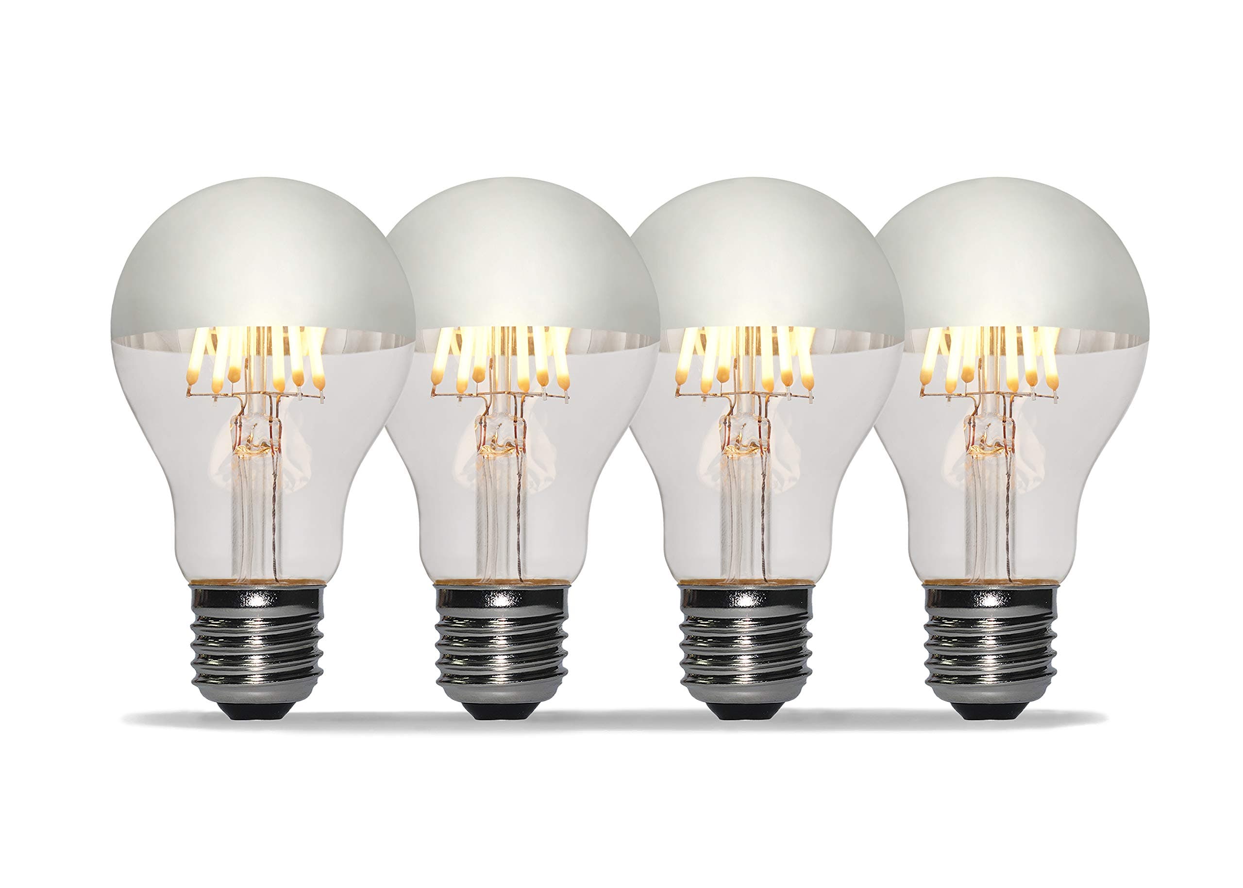 4 Pack - Modvera 60w Equivalent LED Half Chrome A19 6W Silver Bowl Globe Shape Medium (E26) Base Warm White 2700K, 630 Lumens, Dimmable LED Filament Vintage Bulbs.UL Listed RoHS Compliant