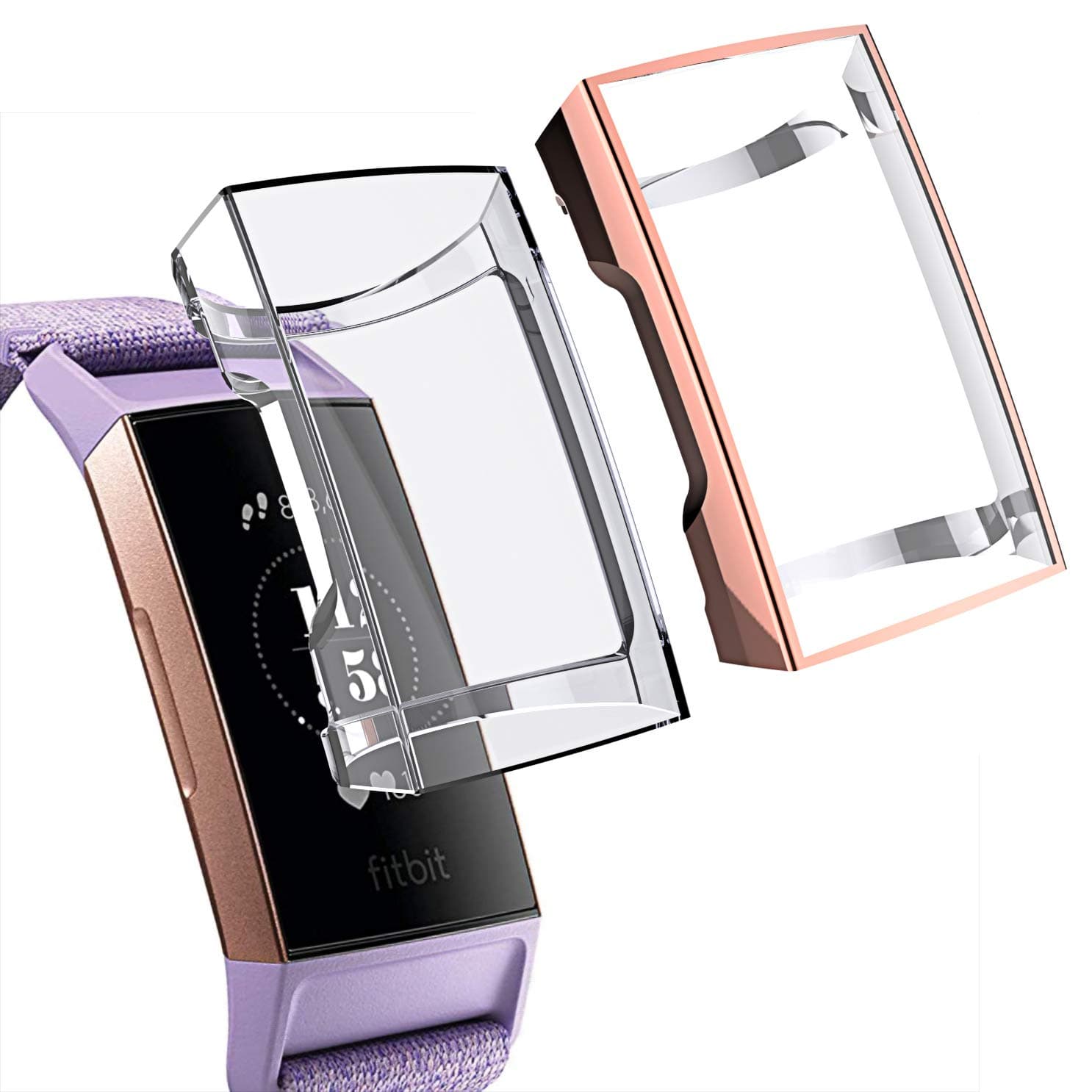 Minfex Compatible with Fitbit Charge 3 Screen Protector, Chargeable Protective Case Soft&Slim TPU Cover Frame Sport Accessories for Fitbit Charge 3/Charge 3 SE 2 Pack Rose Gold+Clear