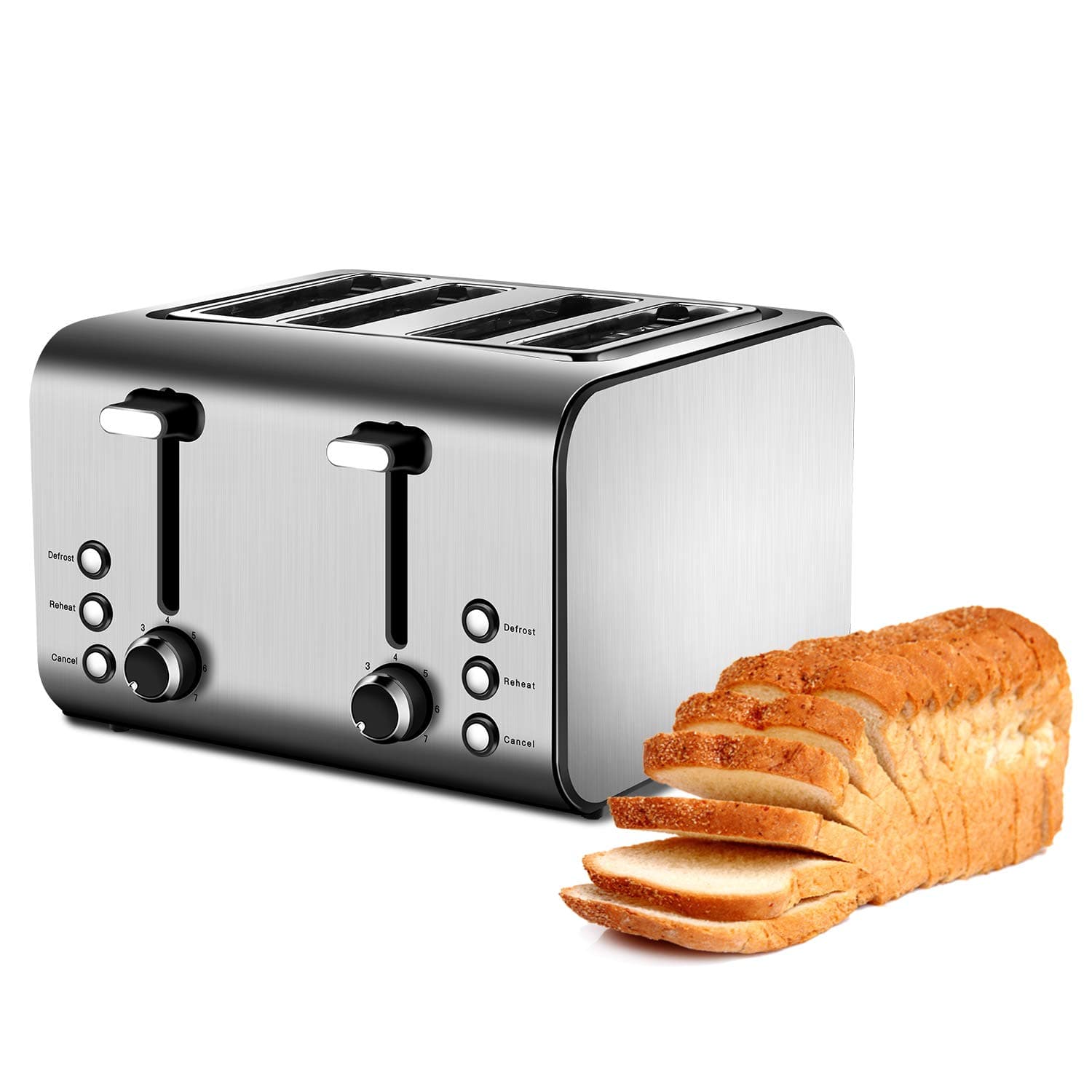 4 Slice Toaster with Reheat, Defrost and Cancel Function, Extra Wide Slots Compact Stainless Steel Toasters with 7 Toast Shade Settings and Removable Crumb Trays