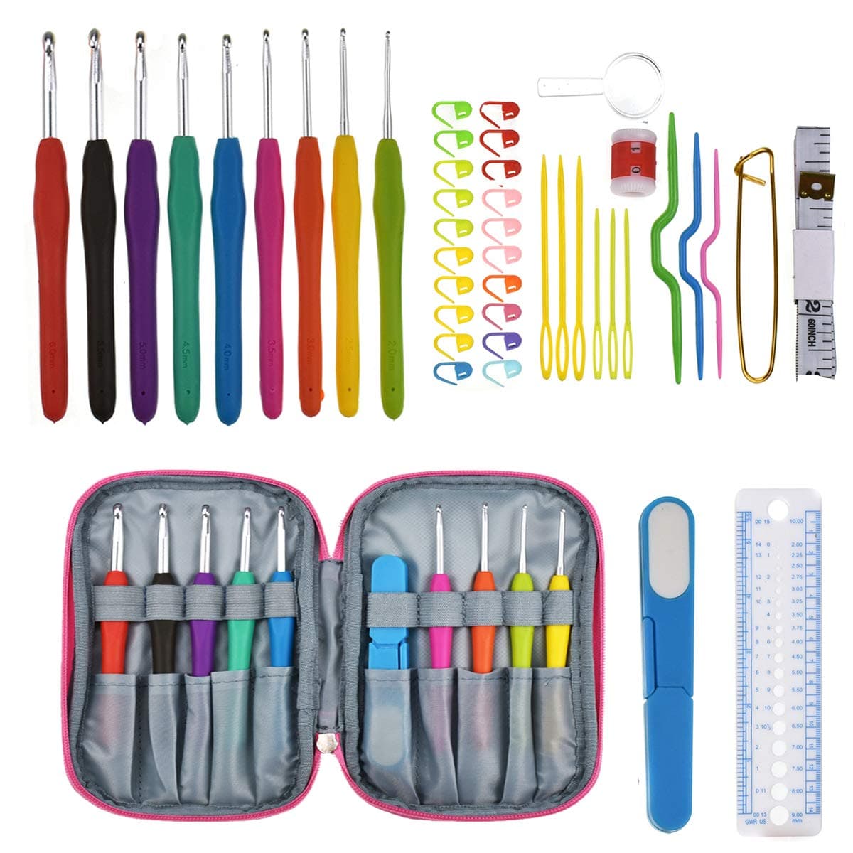 KOKNIT 44 PCS Ergonomic Crochet Hooks Set with Case Soft Rubber Grip Handles Yarn Knitting Needles Kit,Comfortable Hooks for Arthritic Hands,Best Gift