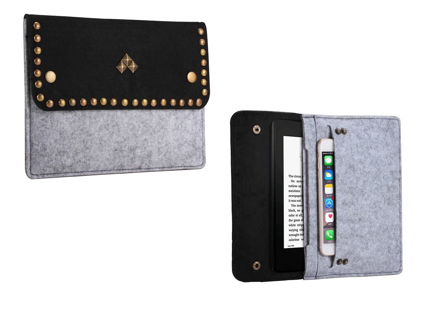 Greenpointselect Rivets Rock & Roll Felt Sleeve Case for Kindle Paperwhite (Fits All Versions) ， Kindle Voyage, All New Kindle, Black and Gray