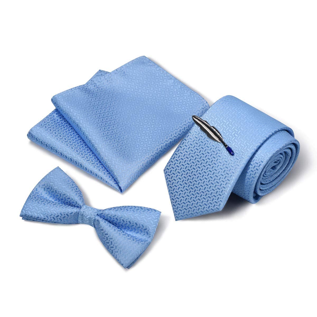 4 Pcs Red Tie Set Bow Tie Pocket Square Tie Clip Gift Set For Suit & Tuxedo - Many Colors (Red Jacquard)