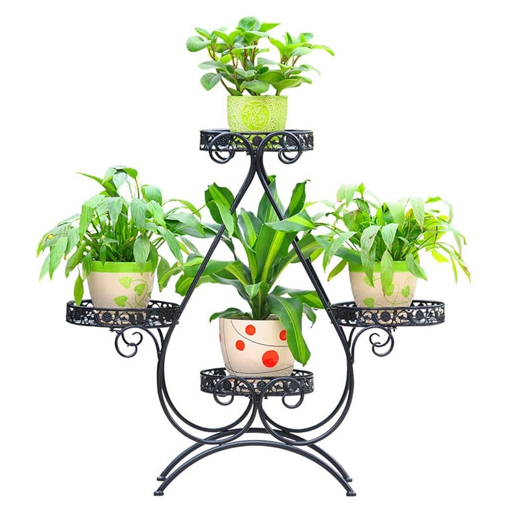 HZH Wrought Iron Flower Rack Floor Multi-layer Pot Rack European Living Room Balcony Planter Rack ( Color : Black )