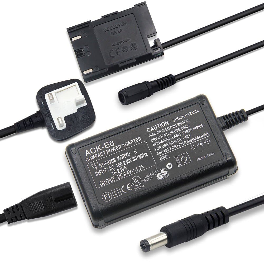 ACK-E6 AC adapter+LP-E6 Fully Decoded Smart Chip DR-E6 dc coupler for Canon EOS 5DS, 5DS R, 5D Mark II, 5D Mark III, 5D Mark IV, 60D, 60Da, 6D, 70D, 7D, 7D Mark II, 80D DSLR Camears