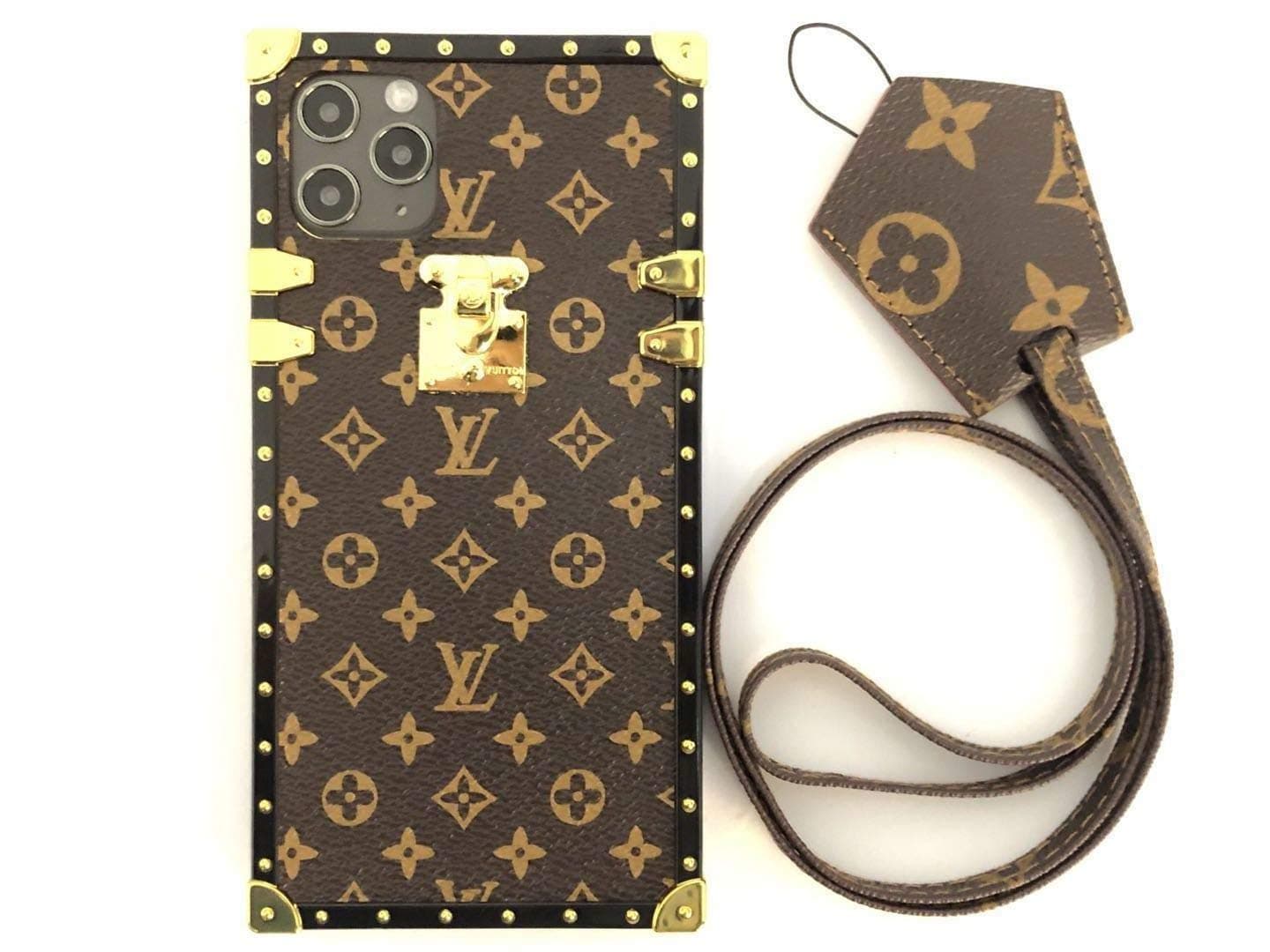 Trunk Phone Cases for iPhone 11 Pro MAX,Brown Monogram Designer Elegant Luxury Style PU Leather Fashion Stylish Cover Case with Lanyard Compatible with iPhone 11ProMax(6.5Inch)