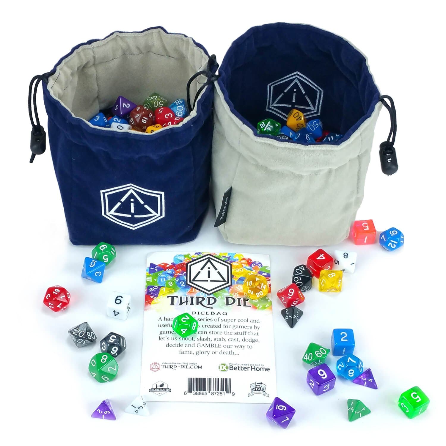 Third Die Dice Bag - Handcrafted, Reversible Drawstring Dice Bag That Stands Open On The Table and Closes Tight - Company Logo Series - Navy and Gray