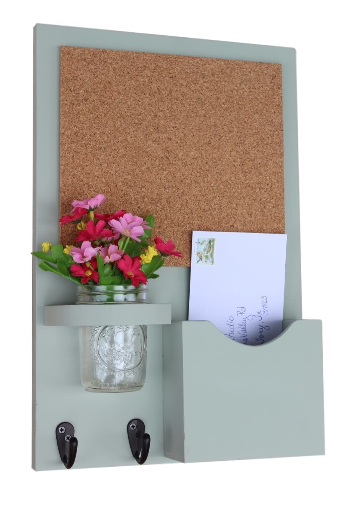 Legacy Studio Decor Cork Board Mail Organizer - Mail and Key Holder - Letter Holder - Key Hooks - Jar Vase (Smooth, Green Tea)