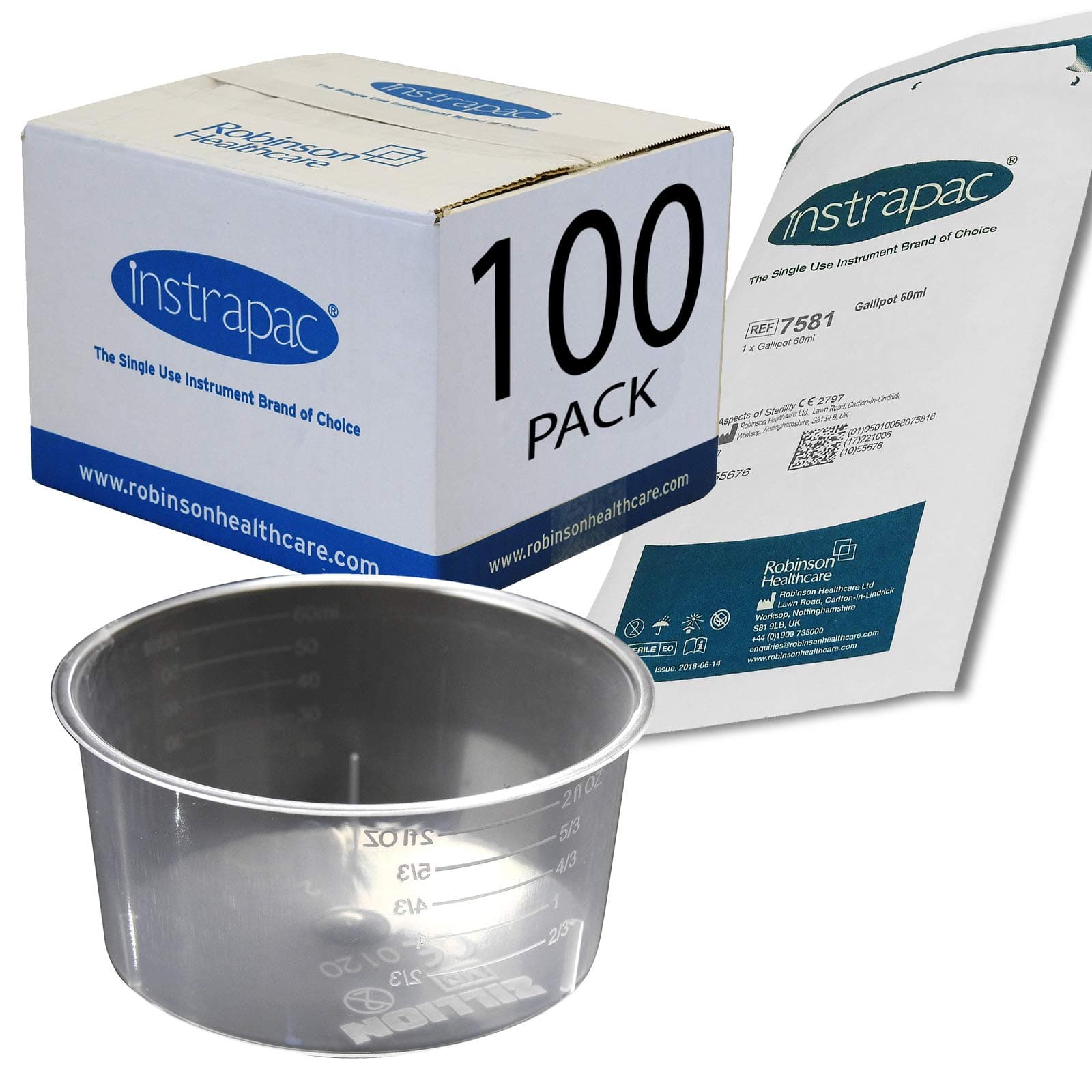 100 Pack - Instrapac Gallipot 60ml, 100% Sterile Dish Bowls Plastic - Individually Wrapped