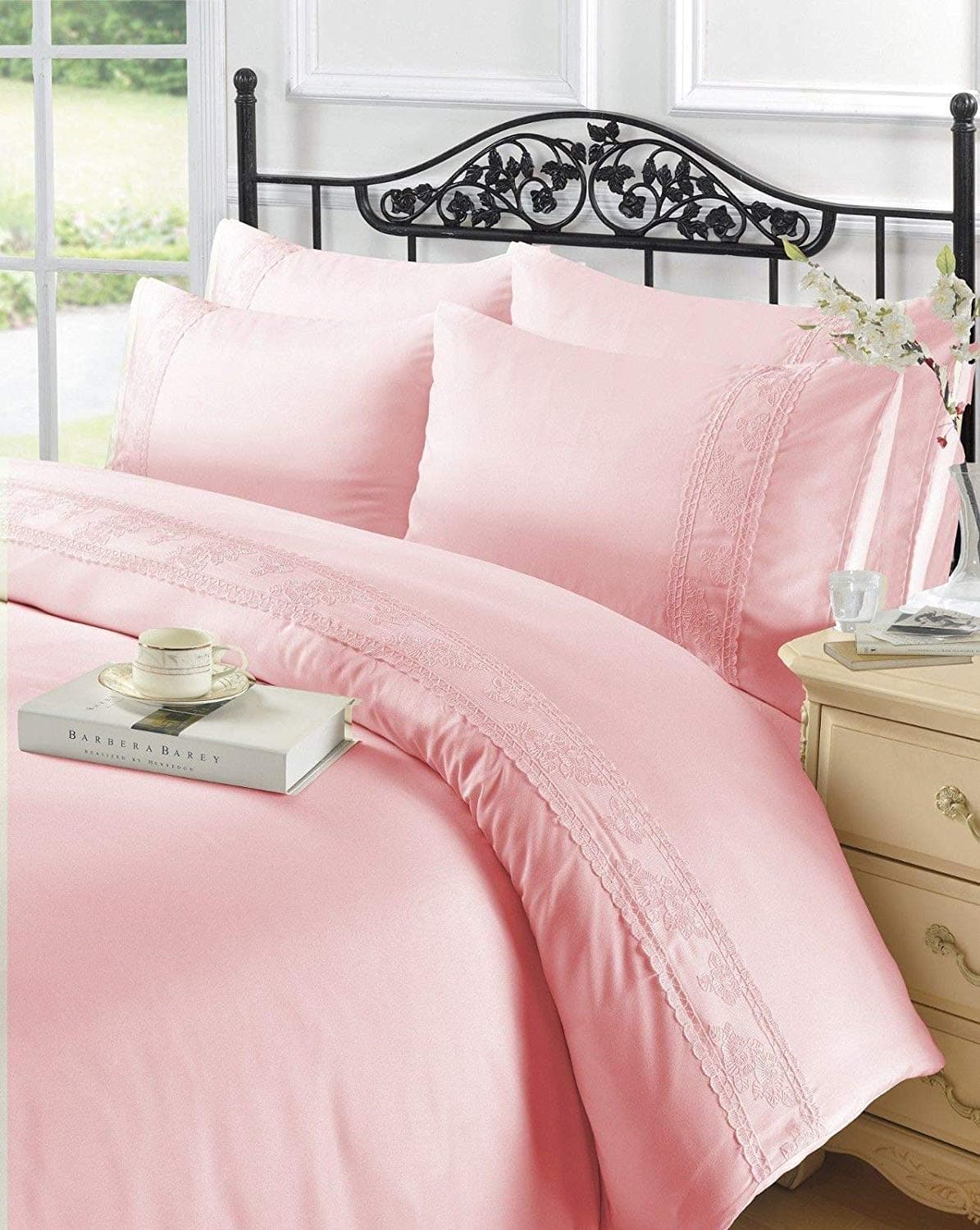 EGYPTO Polyester Duvet Set - Lace Design Bedding Comforter with Soft Matching Pillowcases for Super King Bed (Pink)