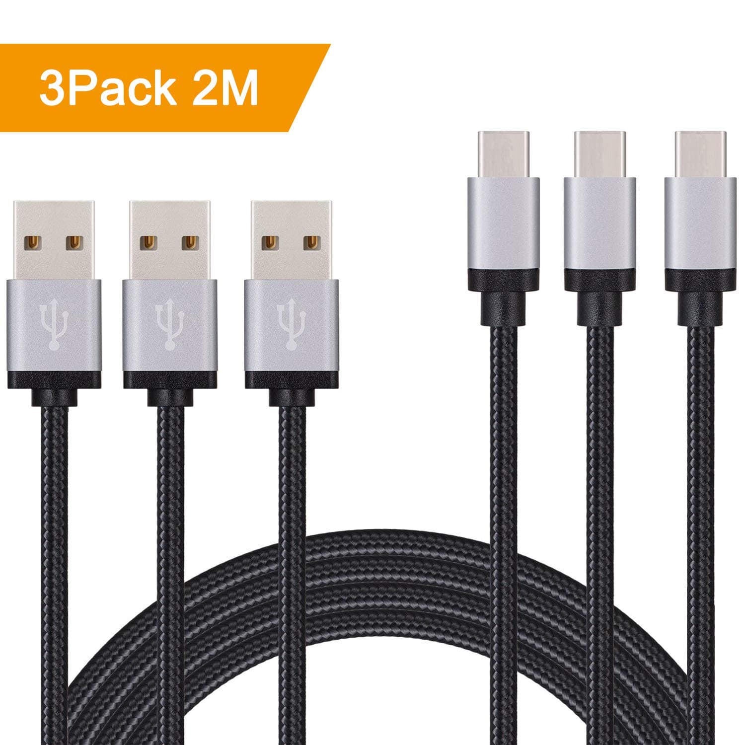 USB C Cable, Duractron 3Pack 2M Type-c Cables Nylon Braided Charging Cable with Reversible Connector for New Apple Macbook,Samsung,Huawei,Google Pixel,Nokia, Nexus, OnePlus, Lumia - Black
