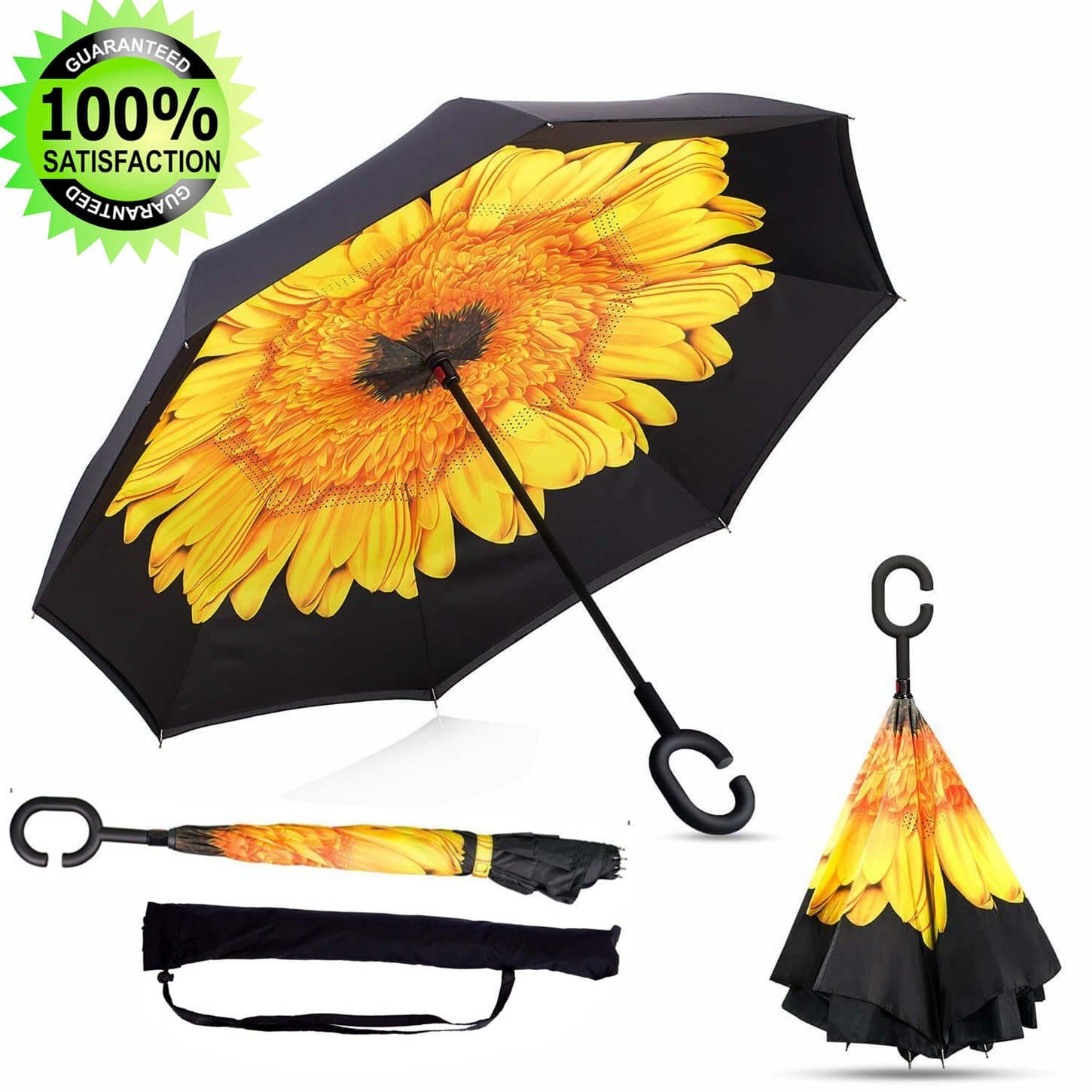 SkywonInverted Umbrella with Carry Bag Windproof Reverse Folding Umbrella C-handle Large Reversible Umbrella