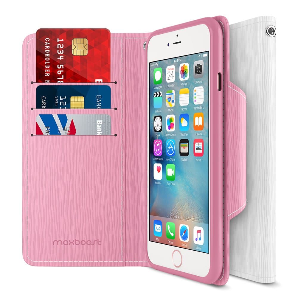 iPhone 6S 6 Wallet Case, Maxboost iPhone Wallet Case for iPhone 6S / 6 Protective PU Leather Card Case with Credit Card Slots + Side Pocket Flip Magnetic Stand Feature - Hot Pink/White