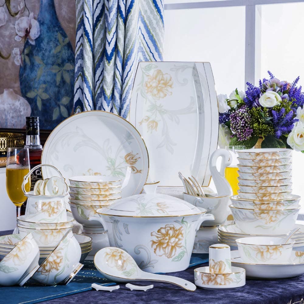 YLee Chinese Tableware Set, 46 Pcs of Bone China Dinnerware Set, Includes 8-Inch Plate and 4.5-Inch Bowl, Perfect Table Service, Tableware Set