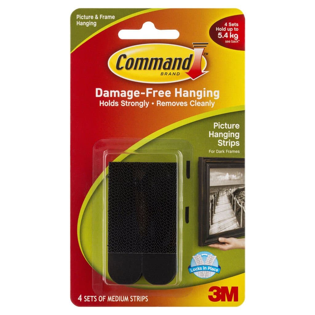 Command Medium Picture Hanging Strip, Holds 5.4 kg, No Drilling, Holds Strong, No Wall Damage (Black, 4 Pairs)